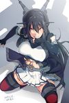  black_gloves black_hair breasts coat commentary_request elbow_gloves fingerless_gloves gloves headgear ikeshita_moyuko kantai_collection large_breasts long_hair miniskirt nagato_(kantai_collection) pleated_skirt red_eyes remodel_(kantai_collection) skirt solo thighhighs 