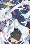  1girl arm_up black_skirt black_thighhighs chihaya_(clothing) closed_eyes falling_feathers feathers folding_fan hand_fan hatsune_miku holding holding_fan japanese_clothes long_sleeves matsuyangu miko musical_note musical_note_print musical_staff musical_staff_print official_alternate_costume official_alternate_hairstyle open_mouth pleated_skirt skirt snowflakes solo thighhighs vocaloid white_feathers white_hair wide_sleeves yuki_miku yuki_miku_(2018) 