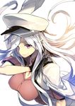  breasts commentary_request eyebrows_visible_through_hair from_above gangut_(kantai_collection) gloves hand_on_shoulder hat hidori_(hibi_toridori) kantai_collection large_breasts long_hair looking_at_viewer military_hat peaked_cap purple_eyes short_sleeves silver_hair smile solo upper_body white_background 