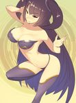  adhesive_bra arched_back bad_id bad_pixiv_id bra breasts cleavage closed_mouth commentary_request eyebrows_visible_through_hair gradient_hair half-closed_eyes hand_on_own_head kazto_furuya large_breasts long_hair multicolored_hair original panties purple_hair purple_legwear purple_panties red_eyes smile solo standing standing_on_one_leg strapless strapless_bra thighhighs twintails underwear underwear_only very_long_hair 