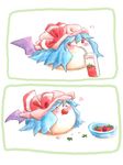  bat_wings bowl drinking_straw food fruit hat heart juice_box no_humans remilia_scarlet strawberry tomato touhou wings yukkuri_shiteitte_ne 