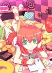  ahoge animal_ears barefoot bed box_of_chocolates cat_ears checkered chocolate digital_media_player doughnut drawing feet food green_eyes ipod lying mimura_ryou on_stomach original pencil pillow red_hair short_hair shorts smile soles solo sprinkles 
