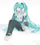  anklet aqua_eyes aqua_hair bad_id bad_pixiv_id barefoot elbow_gloves fingerless_gloves gloves hatsune_miku hatsune_miku_(append) jewelry long_hair necktie roadsama sitting smile solo toeless_legwear twintails very_long_hair vocaloid vocaloid_append 
