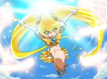  blonde_hair blue_background bow cloud cure_sunshine hair_ribbon heart heartcatch_precure! long_hair magical_girl midriff myoudouin_itsuki navel obui orange_bow perspective precure ribbon skirt sky solo twintails very_long_hair yellow_eyes yellow_skirt 