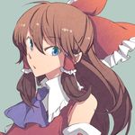  bare_shoulders blue_eyes bow brown_hair collar frilled_bow frilled_collar frills gradient_eyes hair_between_eyes hair_bow hair_tubes hakurei_reimu lowres multicolored multicolored_eyes nakatani_nio portrait purple_neckwear red_bow simple_background solo touhou white_collar 