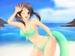  beach bikini black_eyes black_hair copyright_request day harukaze_tsukushi highres innertube long_hair one_eye_closed solo swimsuit twintails 