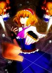  alice_margatroid belt blonde_hair blue_eyes book doll dress fingerless_gloves gloves glowing glowing_eyes hairband highres magic_circle puppet roki_(hirokix) shanghai_doll short_hair solo string touhou 