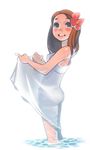  bad_id bad_pixiv_id blush brown_hair chigozo dress flone_robinson flower freckles hair_flower hair_ornament pinky_out see-through simple_background skirt_hold solo swiss_family_robinson water white_dress world_masterpiece_theater 