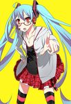  ahoge aqua_hair bad_id bad_pixiv_id bespectacled glasses hatsune_miku hood hoodie kocchi_muite_baby_(vocaloid) long_hair mota_(extpil) natural_(module) plaid plaid_skirt project_diva_(series) project_diva_2nd red_eyes skirt solo striped striped_legwear thighhighs twintails very_long_hair vocaloid zettai_ryouiki 