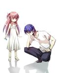  1girl angel_beats! blue_hair commentary_request dress facepalm flower hinata_(angel_beats!) kimura_shiki long_hair md5_mismatch pink_hair red_eyes short_hair sitting yui_(angel_beats!) 