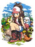  baseball_cap blue_eyes brown_hair crayon gen_5_pokemon haruo_(clownberry) hat highres mountain oshawott poke_ball pokemon pokemon_(creature) pokemon_(game) pokemon_bw ponytail reshiram shorts snivy tepig touko_(pokemon) zekrom 