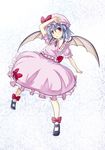  :o arm_up bat_wings blue_hair bow dress full_body gin'ichi_(akacia) hat mary_janes red_eyes remilia_scarlet shoes short_hair slit_pupils solo standing standing_on_one_leg touhou wings 