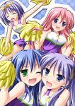  ahoge bad_id bad_pixiv_id blue_eyes blue_hair bouncing_breasts breasts cheerleader closed_eyes glasses green_eyes highres hiiragi_kagami hiiragi_tsukasa izumi_konata long_hair lucky_star medium_breasts multiple_girls one_eye_closed pink_hair pom_poms purple_eyes purple_hair short_hair siblings sisters takara_miyuki tsuda_akira twins yuri 