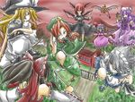  aa_hito apron battle cirno demon_girl flandre_scarlet flying hakurei_reimu hat head_wings highres hong_meiling izayoi_sakuya kirisame_marisa koakuma long_hair multiple_girls outdoors patchouli_knowledge puffy_short_sleeves puffy_sleeves red_hair remilia_scarlet rumia short_hair short_sleeves star succubus the_embodiment_of_scarlet_devil touhou very_long_hair waist_apron witch_hat 