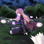  blood dress flower gayprince glowing gradient_hair highres hijiri_byakuren long_hair lotus multicolored_hair night sitting solo touhou yellow_eyes 