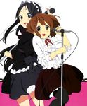  absurdres akiyama_mio artist_request back-to-back black_eyes black_hair brown_eyes brown_hair fuwafuwa_time highres hirasawa_yui k-on! long_hair long_sleeves microphone microphone_stand multiple_girls official_art open_mouth pantyhose short_hair simple_background skirt 