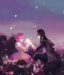  1girl bad_id bad_pixiv_id belt black_hair boots chogi closed_eyes couple estellise_sidos_heurassein gloves healing hetero injury knee_boots kneeling long_hair magic night night_sky pink_hair purple_background purple_eyes scrape short_hair sitting sky tales_of_(series) tales_of_vesperia yuri_lowell 