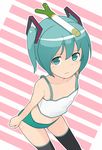  alternate_hair_length alternate_hairstyle aqua_eyes aqua_hair bad_id bad_pixiv_id child from_above frown hatsune_miku looking_up object_on_head short_hair sitting solo spring_onion tamakorogashi tank_top thighhighs twintails vocaloid 
