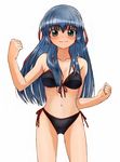  bad_id bad_pixiv_id bangs bikini black_bikini blue_hair blush breasts clenched_hand closed_mouth collarbone cowboy_shot eyebrows_visible_through_hair front-tie_bikini front-tie_top galaxy_angel green_eyes hair_between_breasts hair_ribbon halterneck hand_up karasuma_chitose long_hair looking_at_viewer medium_breasts navel nyama outstretched_hand red_ribbon ribbon side-tie_bikini sidelocks simple_background smile solo string_bikini swimsuit white_background 