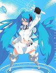  arm_up armor bad_id bad_pixiv_id blue blue_eyes blue_hair blue_nails boots foreshortening gloves grin hatsune_miku headset john_crayton long_hair nail_polish navel polka_dot skirt smile solo standing sword thigh_boots thighhighs twintails very_long_hair vocaloid weapon zettai_ryouiki 