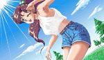  armpits artist_request bishoujo_senshi_sailor_moon brown_hair cloud crop_top day denim denim_shorts dutch_angle green_eyes hair_bobbles hair_ornament kino_makoto long_hair midriff one_eye_closed pc98 ponytail shorts sly smile solo tank_top tree wince 