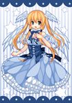  angel angel_wings aoilio bad_id bad_pixiv_id bare_shoulders blonde_hair blue_dress dress hand_on_own_chest head_wings long_hair open_mouth original petticoat smile solo star striped striped_background wings 