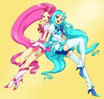  back-to-back bad_id bad_pixiv_id blue_eyes blue_hair blue_skirt boots bow cure_blossom cure_marine hanasaki_tsubomi heart heartcatch_precure! high_heels holding_hands knee_boots kurumi_erika long_hair magical_girl multiple_girls pink_bow pink_eyes pink_hair ponytail precure shibasaki_shouji shoes skirt thighhighs twintails very_long_hair white_legwear yellow_background 