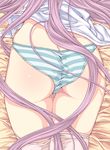  ass bed_sheet butt_crack close-up highres lavender_hair long_hair no_pants panties reisen_udongein_inaba solo striped striped_panties thighhighs touhou underwear very_long_hair white_legwear yukarigawa_yumiya 