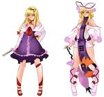  adapted_costume alternate_costume aoshima bare_shoulders blonde_hair closed_umbrella dual_persona elbow_gloves fan gloves hat highres long_hair multiple_girls short_hair touhou umbrella yakumo_yukari yellow_eyes 