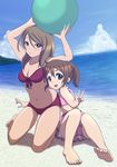  alternate_hairstyle arms_up ball barefoot beach bikini blush brown_eyes brown_hair day extra front-tie_top hirasawa_yui k-on! kneeling legs long_hair multiple_girls navel open_mouth ponytail shadow short_hair swimsuit tachibana_himeko takizaking v 