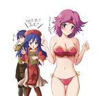  2girls armor bad_id bad_pixiv_id bikini_armor blue_hair blush breasts cleavage echizen_(hvcv) embarrassed fire_emblem fire_emblem:_fuuin_no_tsurugi headband large_breasts lilina multiple_girls ogier oujay pantyhose purple_eyes purple_hair short_hair sweat tears thigh_gap translated wendy_(fire_emblem) 