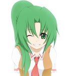  green_eyes green_hair grin higurashi_no_naku_koro_ni necktie nemu_(nebusokugimi) one_eye_closed ponytail red_neckwear smile solo sonozaki_mion 