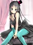  akiyama_mio aqua_legwear asymmetrical_clothes bad_id bad_pixiv_id bare_shoulders black_eyes black_hair don't_say_&quot;lazy&quot; dress elbow_gloves fingerless_gloves gloves hat highres hime_cut k-on! legs long_hair mini_hat mini_top_hat pantyhose shikinyan solo top_hat younger 