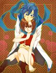  1girl blue_scarf blush couple hetero hoshino_hitsuki hug kaito meiko scarf short_hair vocaloid 