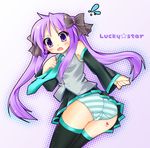  ass bare_shoulders black_legwear blue_eyes blush bow cosplay detached_sleeves embarrassed from_behind frown hair_bow hatsune_miku hatsune_miku_(cosplay) headset heart hiiragi_kagami long_hair looking_back lucky_star microphone necktie ooji_cha open_mouth panties pleated_skirt purple_hair skirt solo striped striped_panties sweat thick_thighs thighhighs thighs tsurime twintails underwear vocaloid 