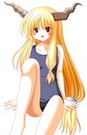  ass blonde_hair fang highres horns ibuki_suika long_hair mukiryoku_seimeitai no_nose red_eyes school_swimsuit solo swimsuit touhou towel 