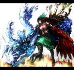  alternate_weapon arm_cannon black_hair bow claws glowing glowing_eyes green_bow hair_bow kyuutinn large_wings long_hair red_eyes reiuji_utsuho solo third_eye touhou weapon wings 