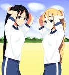  akiyama_mio alternate_hairstyle bad_id bad_pixiv_id black_eyes black_hair blonde_hair blue_eyes eyebrows gym_uniform k-on! kaiman kotobuki_tsumugi long_hair multiple_girls official_style ponytail 