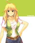  ahoge belt blonde_hair collarbone green_eyes hand_on_hip hoshii_miki idolmaster idolmaster_(classic) idolmaster_2 long_hair skirt smile solo star yn_red 