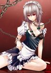  bad_id bad_pixiv_id banned_artist bdsm bondage bound bra braid breasts chain chained collar colored_eyelashes cuffs eyelashes handcuffs highres izayoi_sakuya large_breasts leash lingerie maid maid_headdress red_eyes sad short_hair silver_hair sitting solo tears touhou twin_braids underwear yuuka_nonoko 