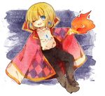  bad_id bad_pixiv_id blonde_hair blue_eyes calcifer cape chibi earrings howl_(howl_no_ugoku_shiro) howl_no_ugoku_shiro jewelry male_focus miyako_(xxxbibit) one_eye_closed pendant 