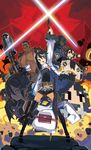  5girls absurdres asagiri_asagi balrog_(doukutsu_monogatari) balrog_(doukutsu_monogatari)_(cosplay) black_hair boots bug cosplay disgaea doukutsu_monogatari explosion gun hair_ribbon harada_takehito highres jacket multiple_girls nippon_ichi official_art parody prinny prinny_(series) prinny_~ore_ga_shujinkou_de_iinsuka?~ ribbon robot thigh_boots thighhighs weapon zombie 