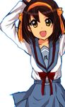  arms_up bad_id bad_pixiv_id brown_eyes brown_hair furi. hair_ribbon hairband kita_high_school_uniform orange_hairband ribbon school_uniform serafuku short_hair solo suzumiya_haruhi suzumiya_haruhi_no_yuuutsu 