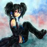  black_hair blue_eyes detached_sleeves headphones headset heterochromia kedama_black long_hair red_eyes sitting solo twintails utau yokune_ruko 