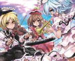  bad_id bad_pixiv_id blonde_hair blue_eyes blue_hair brown_eyes brown_hair dain frills hat instrument keyboard_(instrument) lunasa_prismriver lyrica_prismriver merlin_prismriver multiple_girls short_hair siblings sisters touhou trumpet violin yellow_eyes 