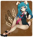  ahoge animal_ears aqua_eyes aqua_hair ayu_(mog) bad_id bad_pixiv_id bunny_ears bunny_tail bunnysuit gun handgun hatsune_miku high_heels legs long_hair necktie pantyhose revolver rounded_corners shoes sitting smile solo tail twintails vocaloid weapon 