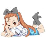  bow brown_hair bunny forehead hairband heart idolmaster idolmaster_(classic) long_hair lying minase_iori no_shoes oekaki one_eye_closed socks solo stuffed_animal stuffed_bunny stuffed_toy tonbi 