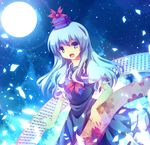  bad_id bad_pixiv_id blue_dress blue_eyes blue_hair dress full_moon hat kamishirasawa_keine light_particles long_hair looking_at_viewer moon night night_sky open_mouth puffy_short_sleeves puffy_sleeves ria_(naigashiro) scroll short_sleeves sky solo touhou 