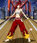  angry bandages barefoot breasts cleavage dual_wielding erza_scarlet fairy_tail holding jpeg_artifacts medium_breasts midriff navel pants ponytail red_hair sarashi screencap solo sword tattoo weapon 