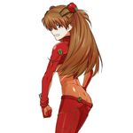  ass blue_eyes bodysuit brown_hair butt_crack clenched_hand clenched_teeth evangelion:_2.0_you_can_(not)_advance grin kanna_asuke long_hair multicolored multicolored_bodysuit multicolored_clothes neon_genesis_evangelion orange_bodysuit plugsuit rebuild_of_evangelion red_bodysuit shikinami_asuka_langley simple_background skin_tight smile solo souryuu_asuka_langley teeth test_plugsuit 